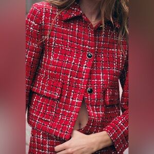 Zara Vibrant Red Checkered Blazer